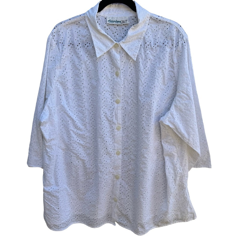 Denim 24/7 Cottagecore Coastal Boho Feminine Chic Eyelet Lace 3/4 Sleeve Blouse